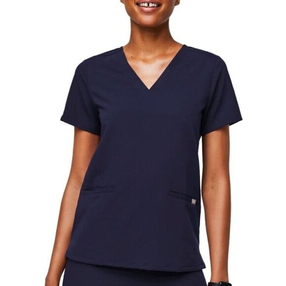 Figs Woman's Sz Large Navy Blue Short Sleeve V Neck Kangaroo Pocket Scrub Top - Picture 1 of 10